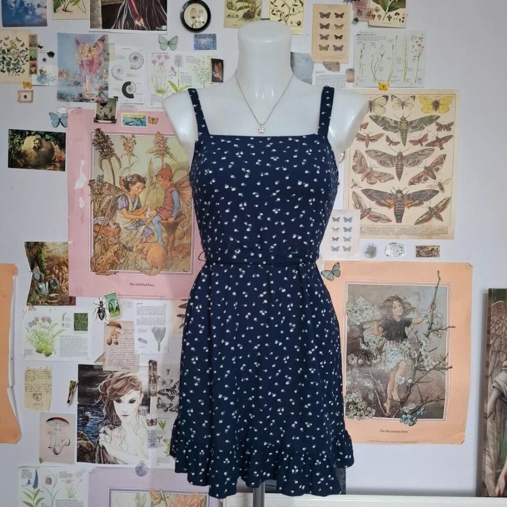 Hollister navy blue ditsy dainty ruffle hem mini dress coquette minimalist fairy